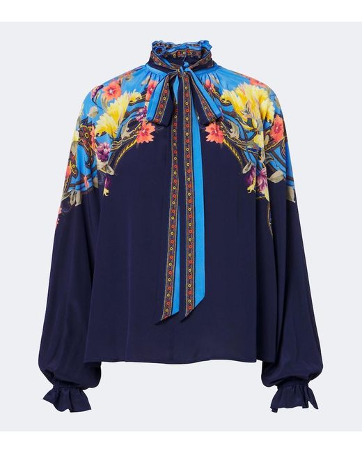 Etro Blue Floral Tie-Neck Silk Habotai Blouse