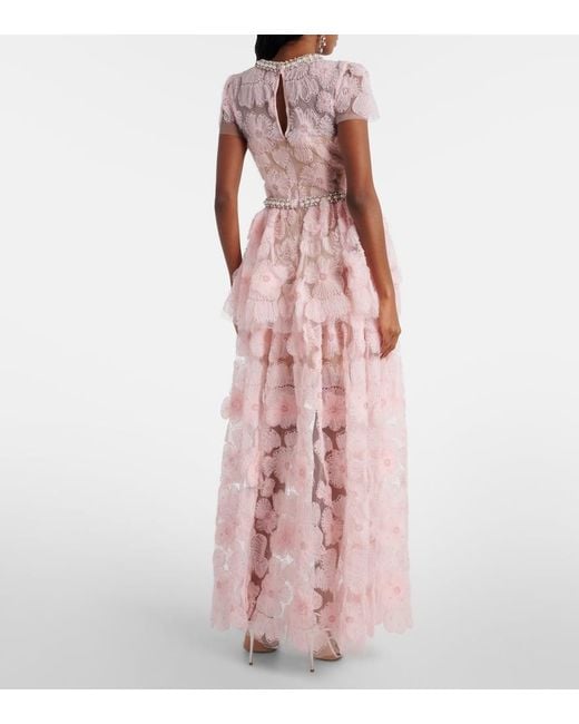Self-Portrait Pink Embellished Floral Tulle Gown