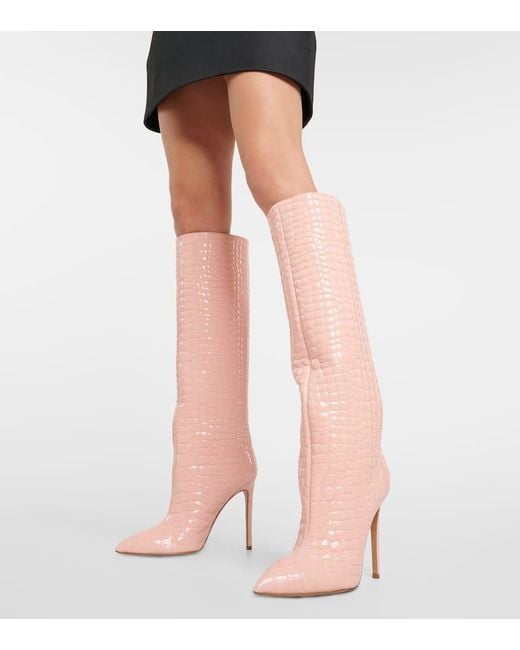 Paris Texas Pink 105 Croc-effect Leather Knee-high Boots