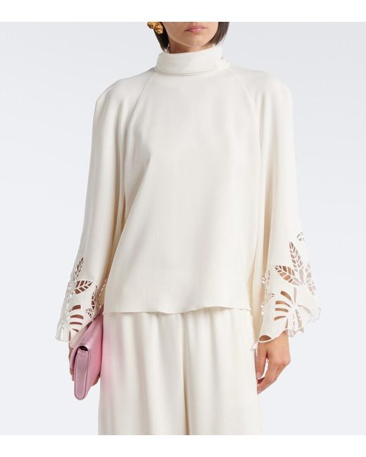 Oscar de la Renta White Embroidered Silk-Blend Georgette Blouse