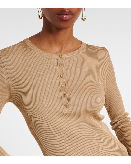 Nili Lotan Natural Kyrie Ribbed-Knit Silk Henley Shirt