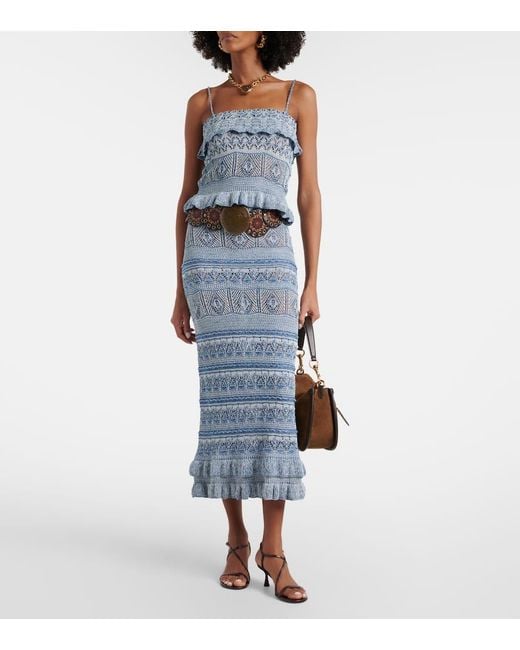 Etro Blue Crochet Ruffled Cotton Midi Skirt