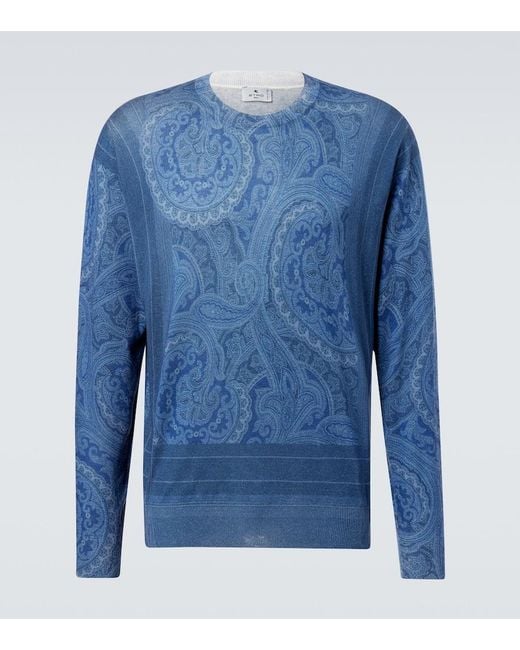 Etro Blue Paisley Silk And Cashmere Sweater for men