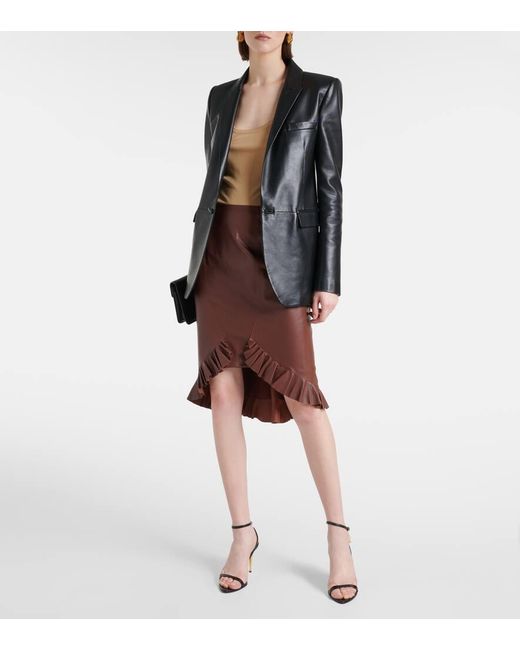 Tom Ford Brown Ruffled Leather Midi Skirt