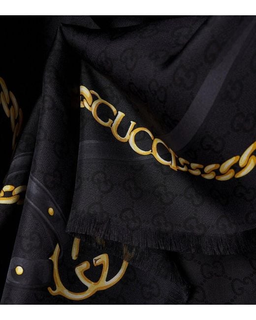 Gucci Black Fringe-Trimmed Printed Silk Shawl