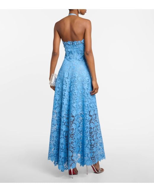 Oscar de la Renta Blue Floral-applique Guipure Lace Gown