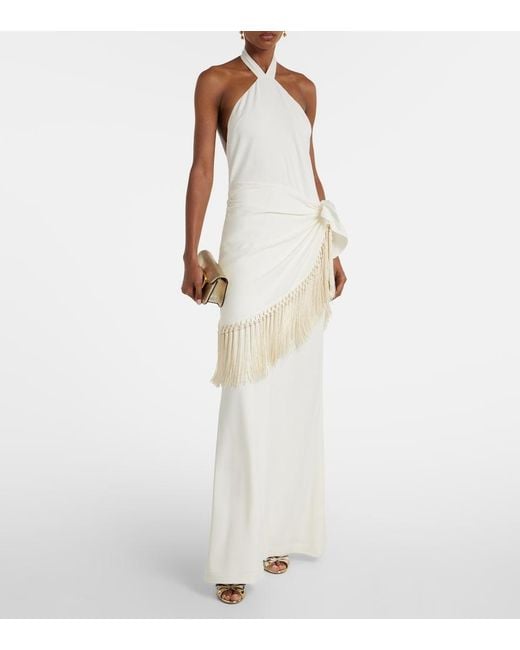 ‎Taller Marmo White Meteora Fringed Halterneck Crepe Cady Gown