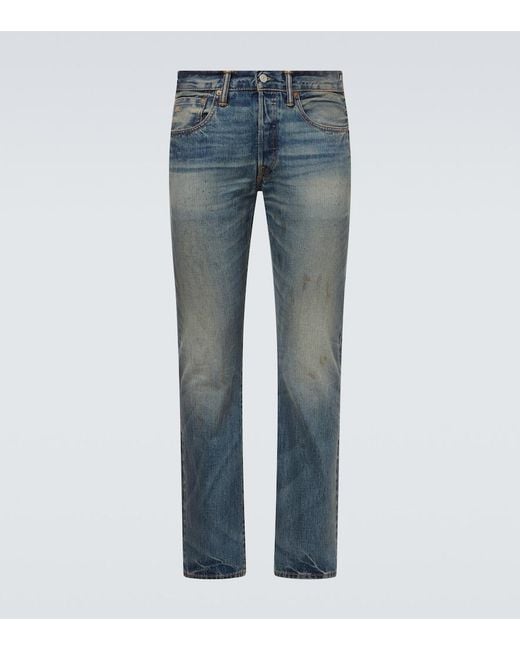 RRL Blue Distressed Slim Jeans for men