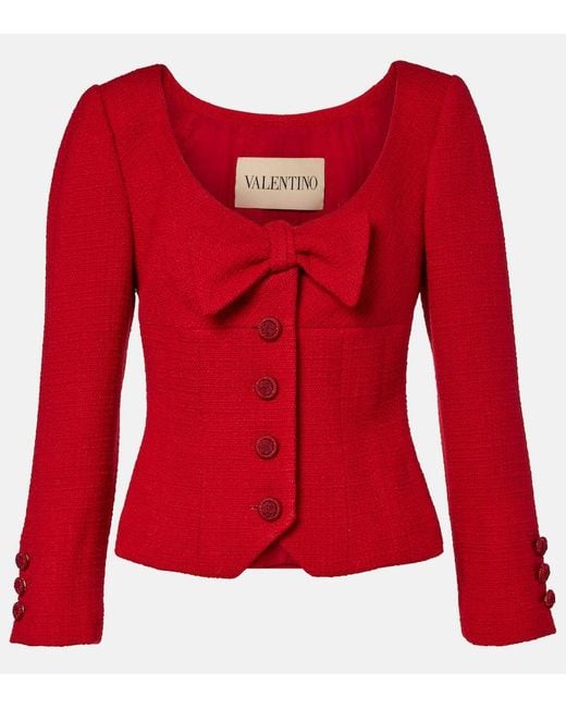 Valentino Red Bow-Detail Cropped Wool-Blend Tweed Jacket