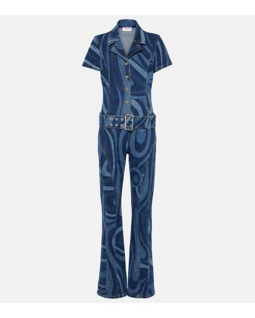 Emilio Pucci Blue Marmo-printed Denim Jumpsuit