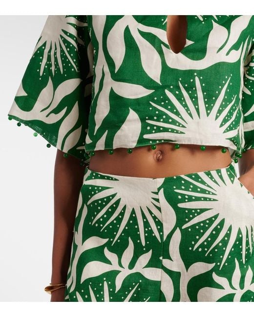 Cala De La Cruz Green Iris Beaded Printed Linen Crop Top