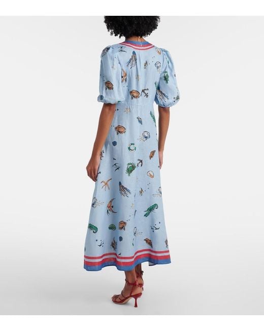 ALÉMAIS Blue Printed Linen Midi Dress