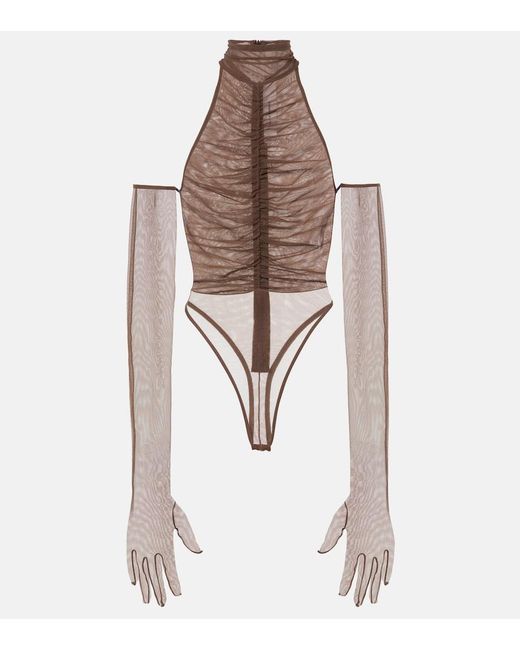 Alex Perry White Ruched Sheer Bodysuit