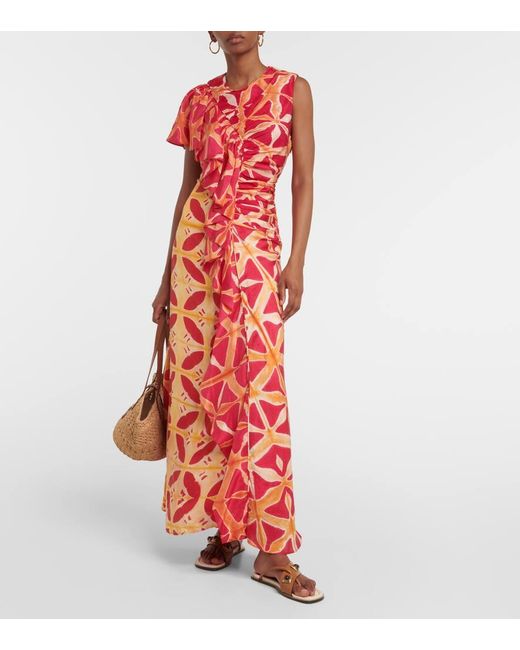 Ulla Johnson Red Lali Ruched Ruffled Printed Silk Gown