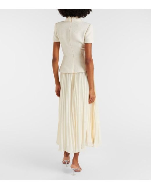 Self-Portrait White Pleated Boucle Chiffon Midi Dress
