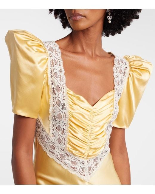 Rodarte Metallic Lace-Trimmed Ruched Silk Satin Maxi Dress