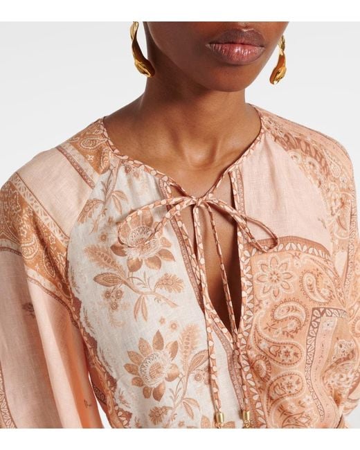 Zimmermann Natural Lucky Printed Linen Midi Dress