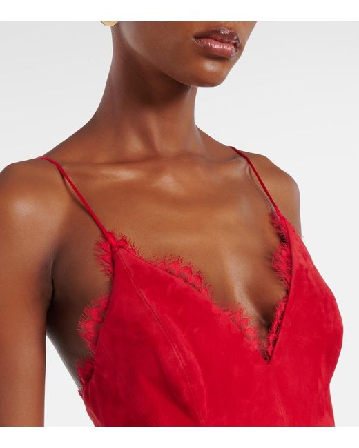 Alex Perry Red Lace-Trimmed Suede Midi Dress