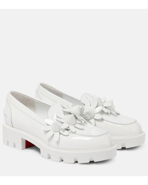 Christian Louboutin White Daisy Spikes Moc Patent Leather Loafers