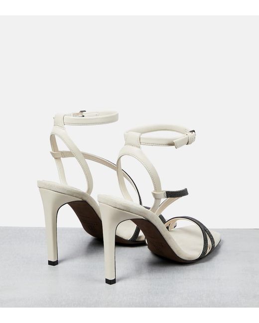 Brunello Cucinelli White Embellished Leather Sandals