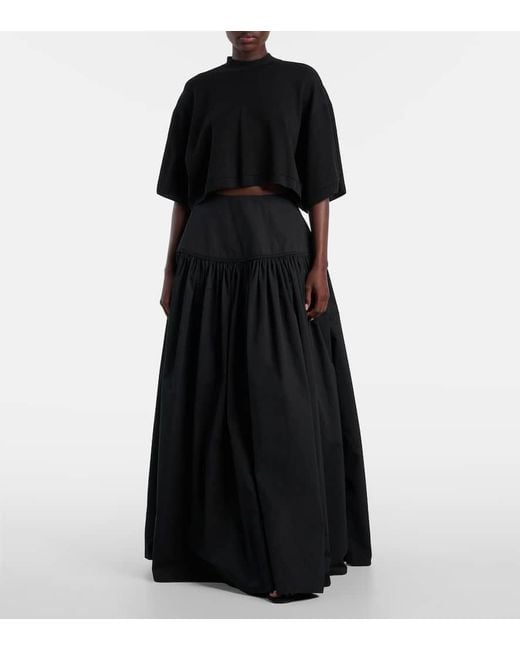 Alaïa Black Gathered Cotton Poplin Maxi Skirt