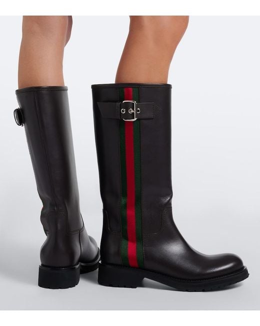 Gucci Black Web Stripe Leather Biker Boots