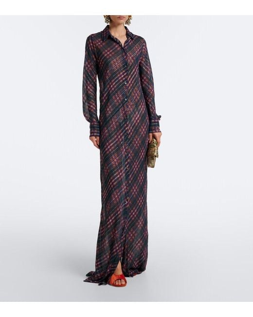 Dries Van Noten Blue Checked Lame Shirt Dress