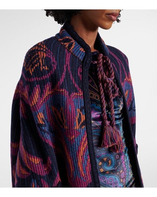Etro Purple Jacquard Wool And Cotton-Blend Cape