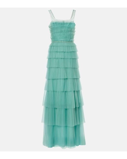 Costarellos Green Kali Embellished Tulle-Trimmed Plisse Gown