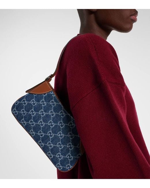 Gucci Blue Schultertasche Gg Emblem Mini Aus Denim