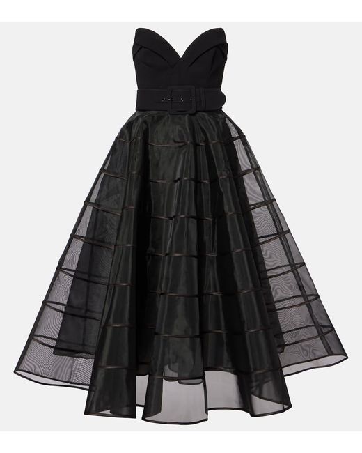 Rebecca Vallance Black Marcella Striped Tulle-Trimmed Gown