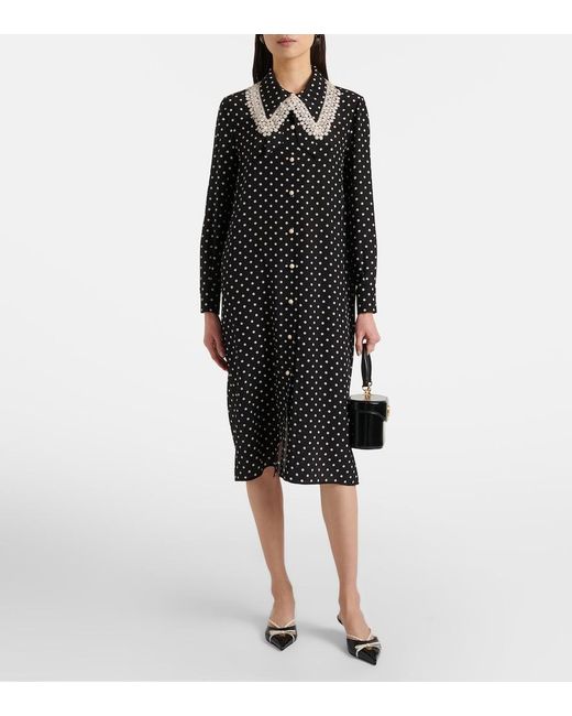 Valentino Black Polka-Dot Lace-Trimmed Silk Shirt Dress