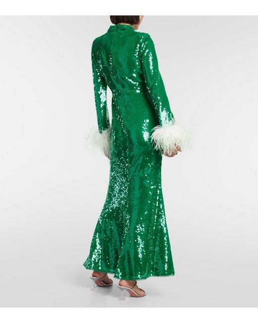 Self-Portrait Green Sequined Feather-Trimmed Gown