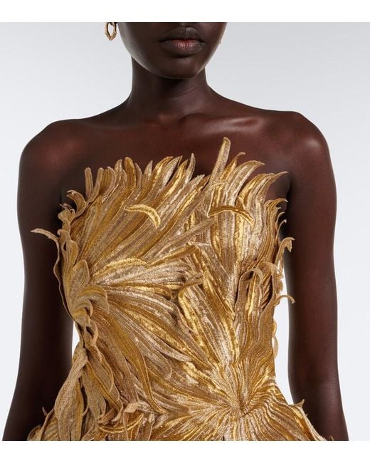 Oscar de la Renta Metallic Floral Applique Bustier Dress