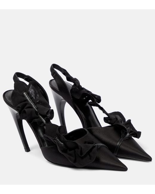Nensi Dojaka Black Ruffled Satin Slingback Pumps