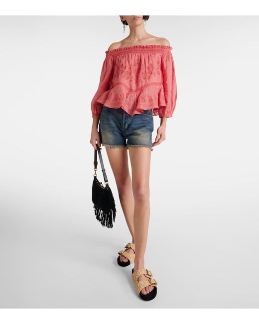 Isabel Marant Pink Erine Embroidered Off-Shoulder Top
