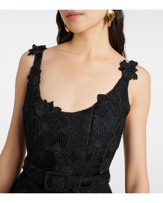 Oscar de la Renta Black Orchid Embroidered Guipure Lace Midi Dress