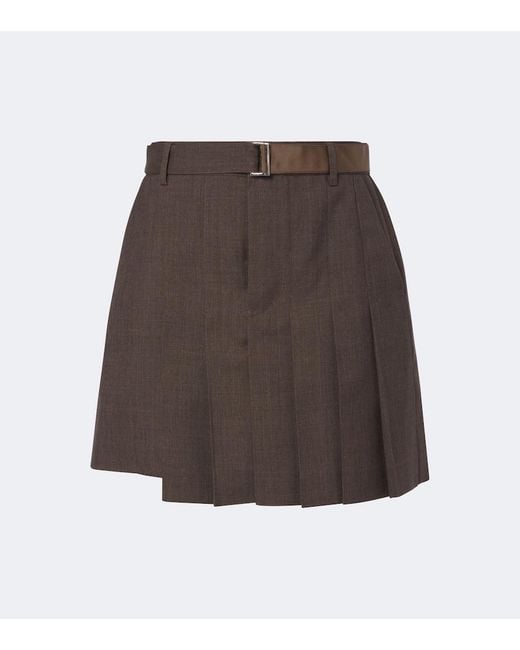 Sacai Brown Pleated Asymmetric Wool Skort