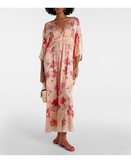 Camilla Pink Embellished Floral Silk Kaftan