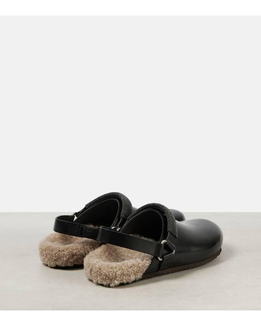 Brunello Cucinelli Black Verzierte Slippers Aus Leder Mit Shearling