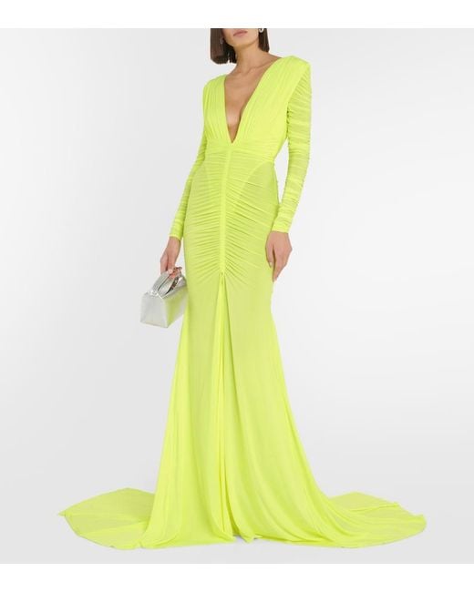 Alex Perry Yellow Ruched Satin Gown