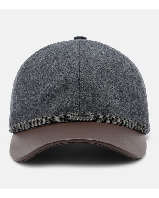 Brunello Cucinelli Gray Monili Leather And Virgin Wool Baseball Cap