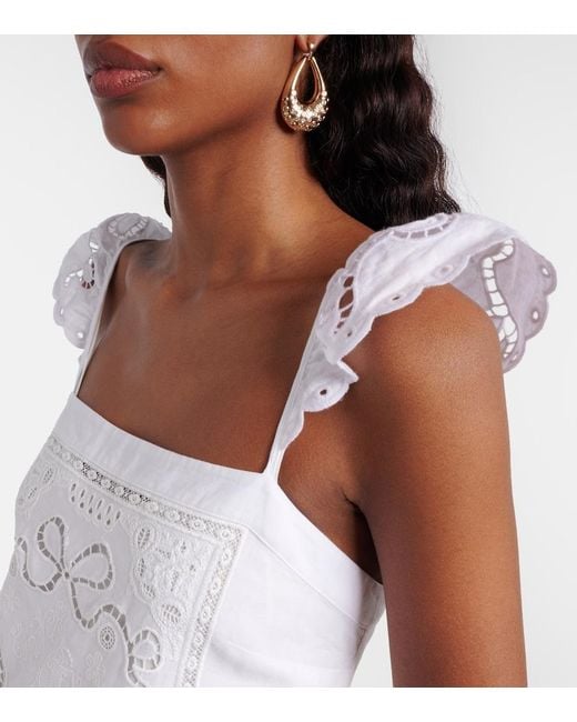 Self-Portrait White Embroidered Linen And Cotton Poplin Minidress