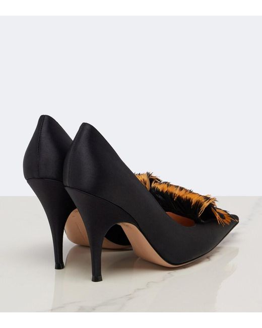 Gianvito Rossi Black Feather-Trimmed Satin Pumps