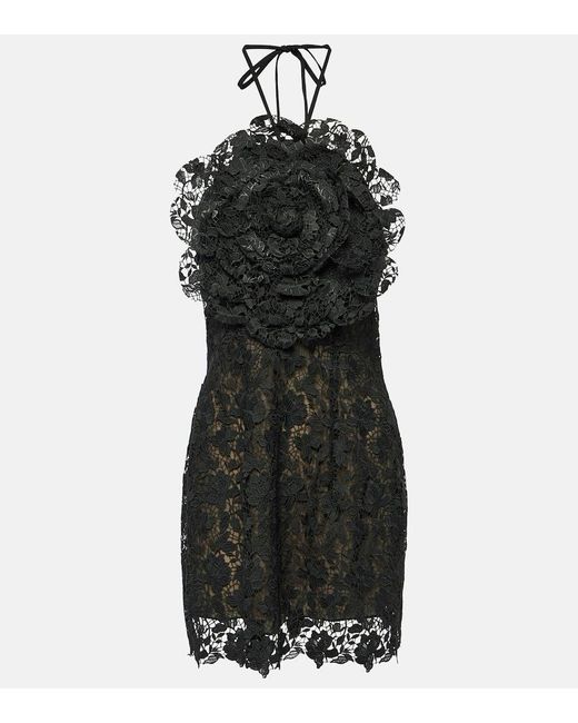 Oscar de la Renta Black Floral-applique Lace Minidress