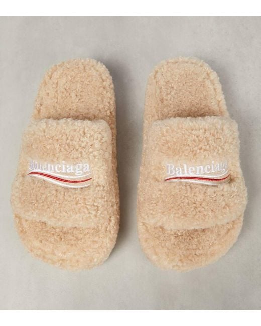 Balenciaga Natural Logo Faux Shearling Slides