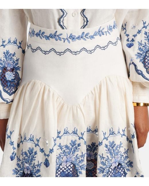 Agua Bendita Blue Acai Embroidered Floral Linen Miniskirt
