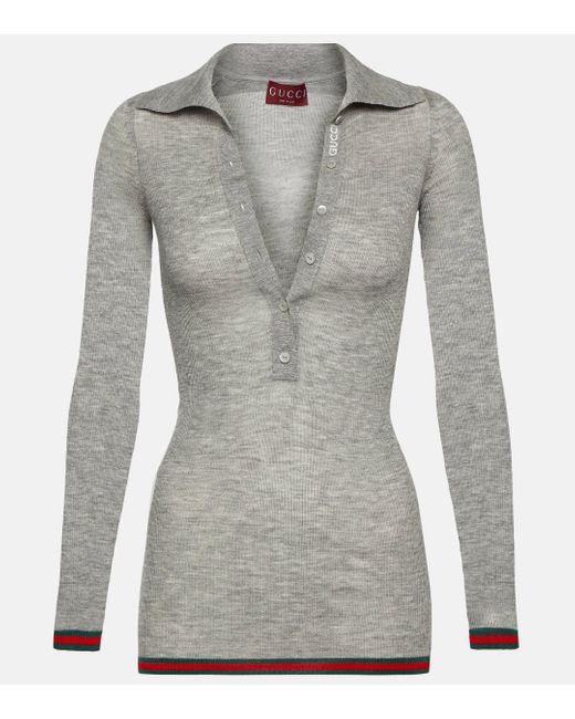 Gucci Gray Ribbed-knit Cashmere And Silk Top