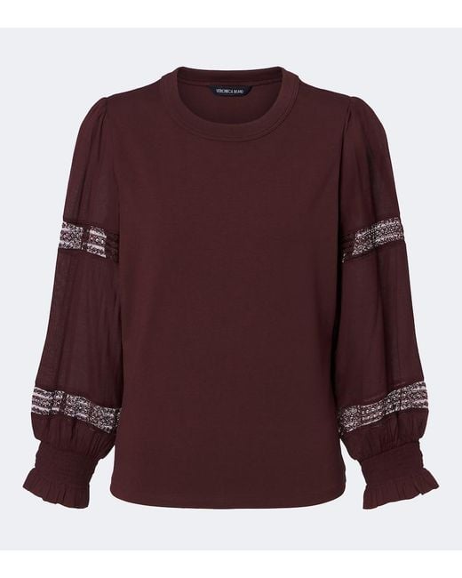 Veronica Beard Purple Bellamie Lace-Trimmed Cotton-Blend Jersey Top