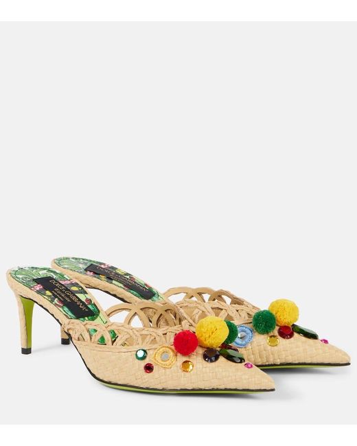 Dolce & Gabbana Yellow Pointy 60 Embellished Raffia Mules
